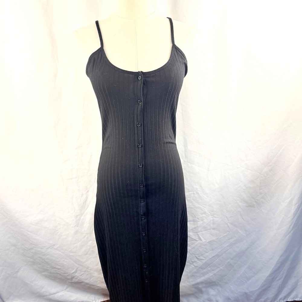 Bebe Black Ribbed Button Down Bodycon Midi Tank Dress Size Small Y2K Minimalist
